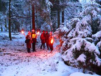 fackelwanderung im winter im wald winterwanderung